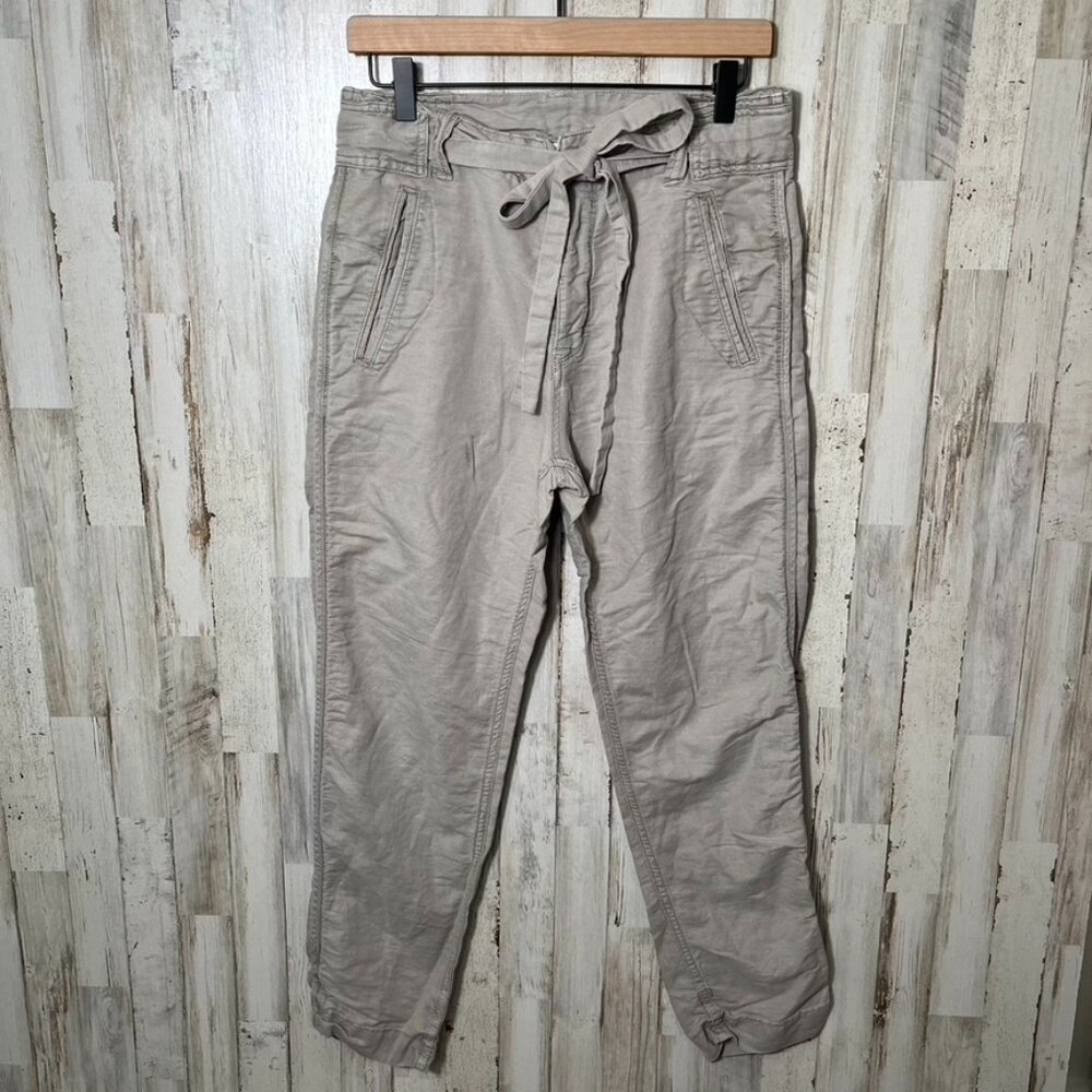 Free People Cream Tan Khaki Linen Blend Tapered Pants Tie Belt Womens Size‎ 4